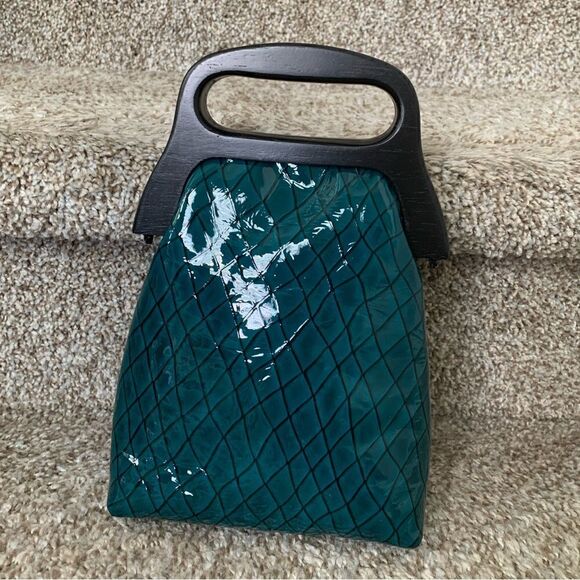 Handmade Genuine Patent Leather Check Print Wooden Frame Pouch/Crossbody - Picture 11 of 16